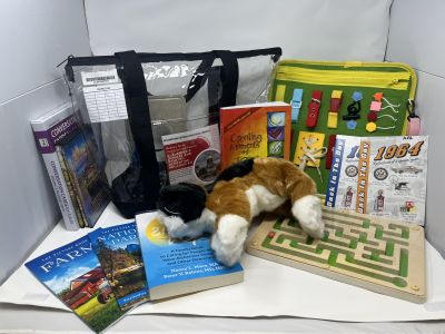 "Iowa HHS Alzheimer's Pack black lined clear bag sitting behind books, cards, and CDs on white background"