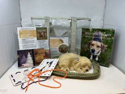 "Late Stage: Dogs and Puppies Pack tan lined clear bag sitting behind books, cards, and CDs on white background"