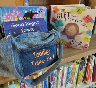 "Toddler back with books on top of tan shelf"